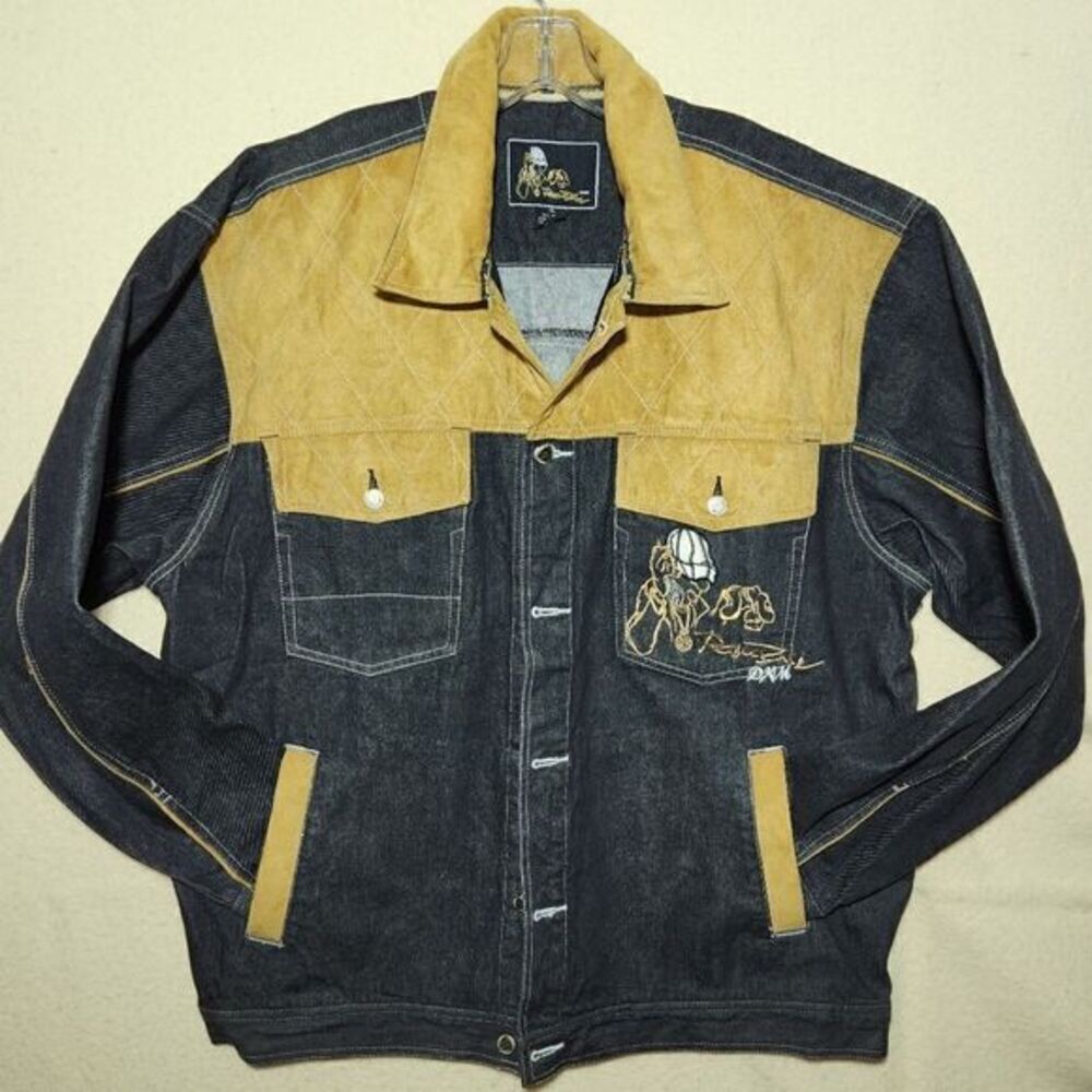 Vintage 90s Raw Blue Denim Jacket size 3XL Black with Suede